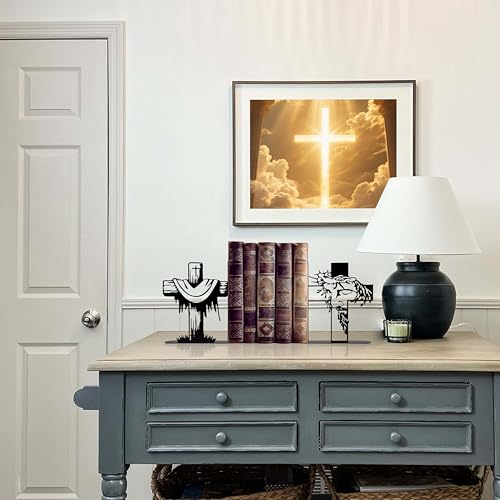 Jesus and Cross Decorative Bookends for Shelves, Christian Gifts for Women, Religious Bookshelf Decor with Faith-Based Design for Home and Room Accents