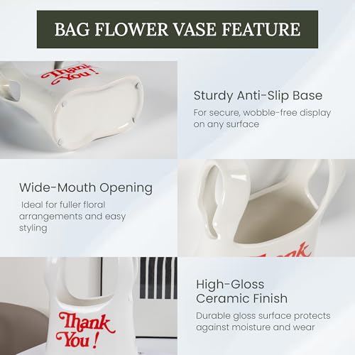 Handmade Ceramic Bag Flower Vase with Red “Thank You” Print | Glossy White Purse Vase for Modern Home Decor, Mantel, Kitchen, Living Room, Table Centerpiece