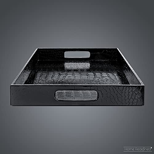 Black Leather Serving Tray with Handles, Glossy Faux Crocodile Print, 17.5x12 Food Drinks Tray for Coffee Table, Breakfast, Dinner & Bar, Decorative Storage Tray for Ottoman, Kitchen, Bedroom, Gift. - color: Black