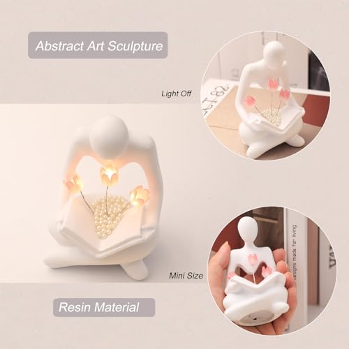 Reading Sculptures Tulip Lamp,Thinker Statue Figurine Battery Powered Night Light,Modern Abstract Home Decoration, Living Room Bookshelf Office Shelves Desk Decor,Aesthetic Gift