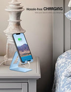 Aoviho Desk Cell Phone Stand - Aluminum Phone Holder Cradle Dock for iPhone 17 16 15 13 12 Pro Max 6s Plus SE 5 5s Samsung Galaxy S10 S9 S8 S7 Note 9 8 and All 4-10 Inch Smartphones - Sky Blue - color: Sky Blue