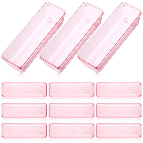 Maitys 12 Pcs Clear Drawer Organizer 9 x 3 x 2 Inches Plastic Rectangle Trays Makeup Vanity Storage Bins and Kitchen Drawers Dividers for Office Desk Silverware Kitchen Utensils(Pink) - color: Pink, size: 9 x 3 x 2 Inches