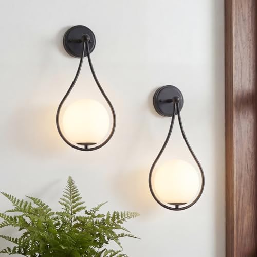 Mid-Century Wall Sconces Set of 2 Black Modern Globe Wall Lighting Indoor Hardwired Wall Lights for Hallway Office,Porch, Bedroom, Living Room,Stairway - color: Black