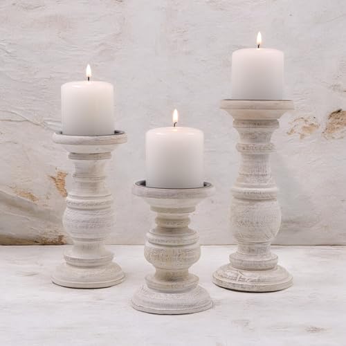 Hosley Set of 3 Whitewashed Wooden Pillar Candle Holders – 10”, 8”, and 6” Heights – Ideal for LED and Pillar Candles, Weddings, Parties, Home Décor, Spa, Reiki, and Aromatherapy - color: White Wash