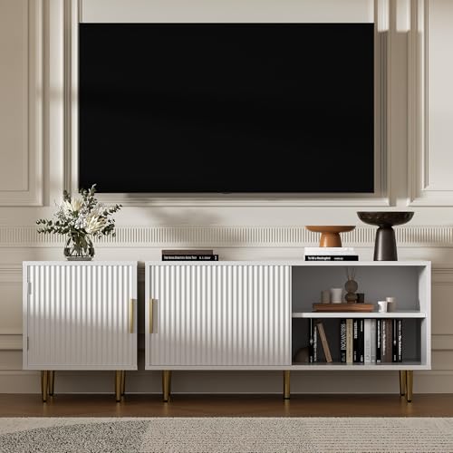 Housoul Combined Modern TV Stand for 55/60/65 inch TV, Small Fluted Entertainment Center with Adjustable Shelf, TV Media Stand with Storage Cabinet, TV Console for Living Room, Bedroom, White - color: White, size: 55" L