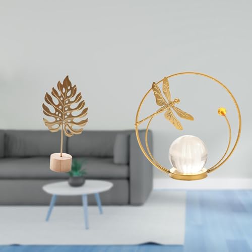 Fenteer Leaf Sculpture Metal Leaf Statue Art Figurine Crystal Ball Ornament Iron with Wood Base Elegant Decoration Suitable for Bedroom Living Room Office GIF
