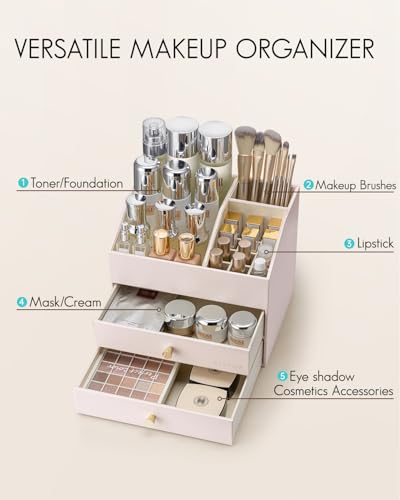 Vlando Makeup Organizer,Skincare Organizer for Vanity，PU Leather Make up Organizer with Drawers Cosmetic Display Case for Countertop,Perfume,Gifts Ideas for Women (Apricot White) - color: 3 layers-Apricot White