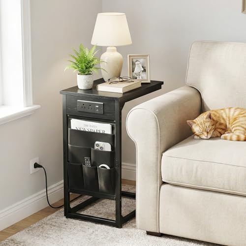AMHANCIBLE C Shaped End Table with Charging Station, TV Tray Set of 2, Couch Tables with Storage Bag, Slide Under Sofa Side Table with USB Ports and Outlets for Living Room, Black, HET04CBK - color: Black