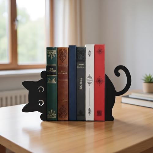 Cat Book Ends Decorative Metal Bookends for Shelves Black Cute Book Holders for Desk