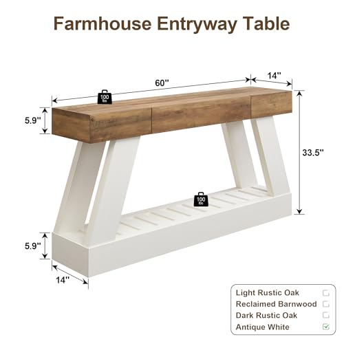 OKD 60" Farmhouse Entryway Table with Drawer, Console Table Behind Sofa, Narrow Long Entryway for Hallway, Living Room, Hallway, Behind Couch(Antique White) - color: Antique White