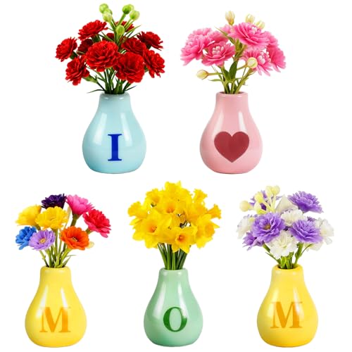 Renmxj 5 Pcs Mini Fridge Magnets, Cute Mini Ceramic Vase with Artificial Flowers, Tiny Pots Plant Vase for Kitchen Refrigerator Office Locker Decor, for Mom - color: 5 Pack I Love Mom