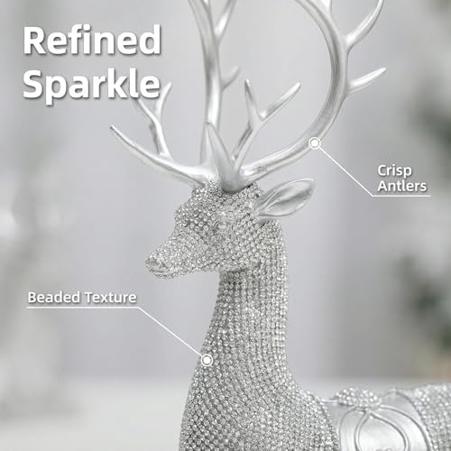 Set of 2 Modern Deer Statues for Home Decor, Handcrafted Resin Elk Sculptures with Intricate Beaded Texture, Elegant Animal Figurines for Living Room, Bookshelf, Office & Housewarming Gift - color: Silver