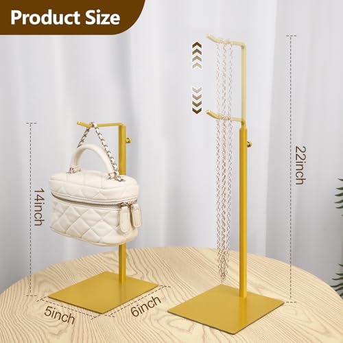 2PCS Handbag Display Stand, Purse Holder Gold Metal Tall Hanging-hook Display Stands for Bag or Necklace Table Display Organizer with Stable Square Base