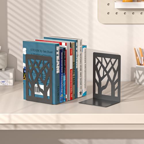 VFINE 2-Piece Modern Metal Bookends for Shelves, Black Tree Book Ends for Books, Decorative Book Organizer for Desk, Non-Skid Shelve Bookends for Home Office - style: Black bookend 1 pair