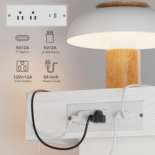 LIKIMIO Night Stand with Charging Station, Modern White Nightstand with LED Light and Drawers, Bedside Tables/End Table for Bedroom - color: White