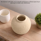 Carved Rustic Farmhouse Vase Home Decor - 6 in Ceramic Boho Decorative Vase for Decor, Round Clay Beige Terracotta Bowl vase for Living Room, Table, Shelf, Centerpieces - style: 03 - Small Rustic Carved Beige