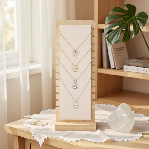 KUKUVR Necklace Display Stand, Bamboo Velvet Soft Mat Multiple Necklace Bracelets Pendant Chains Organizer Holder Case for Vendors Home (Beige) - color: Beige