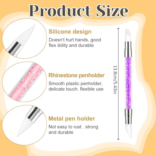 3 Pcs Nail Art Sculpture Pen, Dual Tipped Silicone Nail Tools, Silicone Head Acrylic Handle Nail Art Brushes, Rhinestone Nail Polish Carving Pen, Nail Art Tools for Home Salon(Yellow, Pink, Purple) - color: Yellow, Pink, Purple