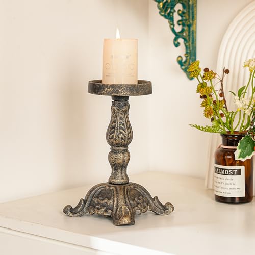 Sungmor Vintage Cast Iron Pillar Candle Holder,7.5" Tall Heavy Duty Candlestick Holder,Decorative Candle Stand for Table Centerpiece