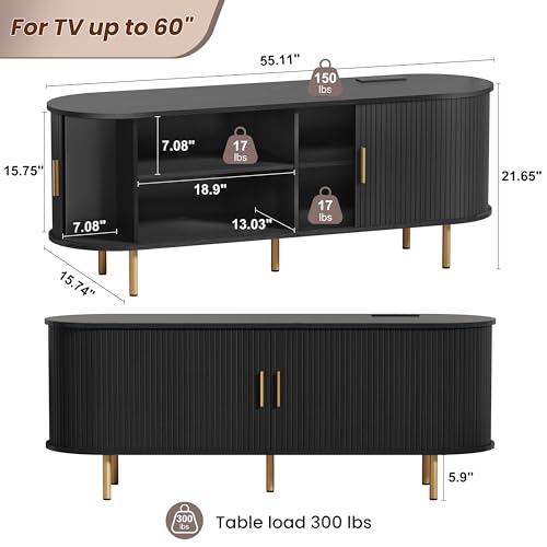 DHH 55 Inch Mid Century Modern TV Stand with Power Outlet for TVs up to 60 Inch, Entertainment Center with Storage and Adjustable Shelves, Media Console with Sliding Doors for Living Room(Black) - color: Black, size: 55 Inch