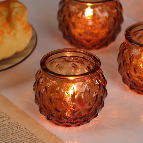 DARJEN Amber Votive Candle Holders Set of 24 - Round Glass Candle Holders for Table Centerpiece, Tea Lights for Home & Vintage Wedding Decorations - color: Amber