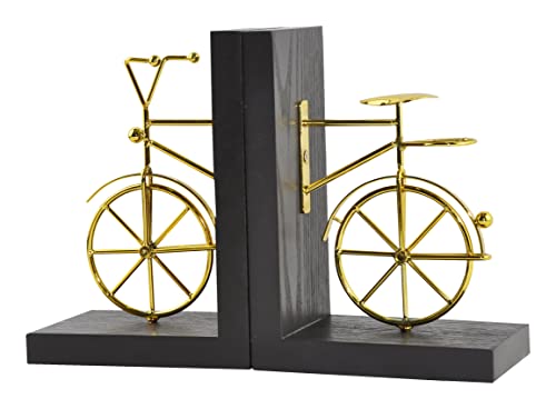 Spiretro Bicycle Bookend Supports, Decorative Book Stoppers with Non-Skid Bottom, Handcrafted Distressed Wood & Metal Book Stand, Display for Bookshelf Office Desktop, 1-Pair, Golden & Brown