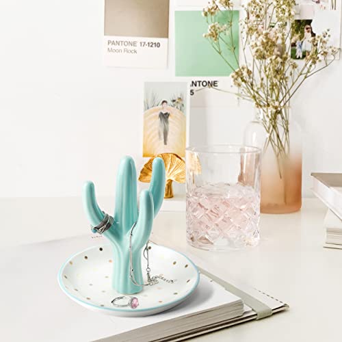 PUDDING CABIN Cactus Ring Holder, Birthday Gift for Women Her Mom Friend Female, Macaron Jewelry Dish with Dots Ins Room Decor Jewelry Dish for Rings Earrings Bracelets Necklace Organizer… - style: Macaron Blue Cactus