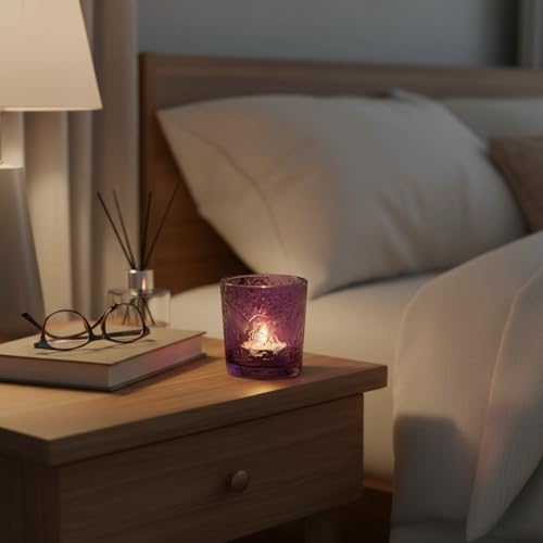 12 Pack Hummingbird Embossed Glass Candle Holders – Votive Tealight Holders with Patent Design, Decorative Embossed Glass Cups for Wedding Centerpieces, Parties, and Home Décor (Amethyst Bloom) - color: Amethyst Bloom