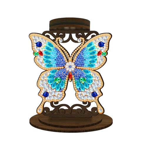 BAYUNOE DIY Candlestick Holders Wooden Desktop Diamond Art Painting Candle Holder Double-Sided Diamond Vintage Modern Decorative for Table Mantel Wedding Dinning Party-Blue Butterfly01 - color: Blue Butterfly01