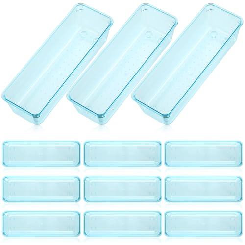 Maitys 12 Pcs Clear Drawer Organizer 9 x 3 x 2 Inches Plastic Rectangle Trays Makeup Vanity Storage Bins and Kitchen Drawers Dividers for Office Desk Silverware Kitchen Utensils(Blue) - color: Blue, size: 9 x 3 x 2 Inches