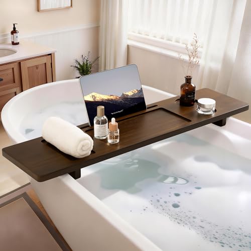 Teak Bathtub Tray - Wood Bath Caddy Tray 35" for Large Tubs - Adjustable Bathtub Table Trays - Luxury Shower Organizer for Home Spa Relaxation and Reading - Dark Walnut Color - color: Dark Walnut-a, size: 35" x 9" x 2.4"