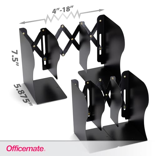 Officemate Adjustable Bookends, Expandable 4"-18", Black. - color: Black