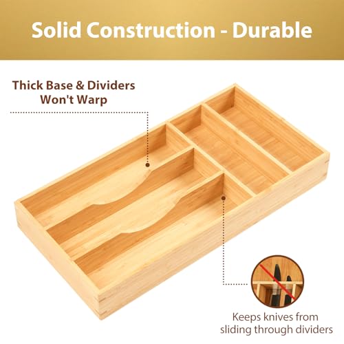 Umilife Bamboo Kitchen Drawer Organizer, 8 Inch Silverware Utensils Tray Holder for Small Drawer, Wood Caddy for Flatware Cutlery Knives - size: 8 x 15.5 inch (5 Slots)