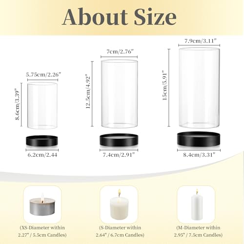 Hewory Hurricane Candle Holder for Pillar Candles: Black Votive Candle Holders Set of 12, Glass Hurricane with Metal Candle Plate, Pillar Candle Holder for Table Centerpiece Wedding Holiday Home Decor - color: Black, size: 12PCS