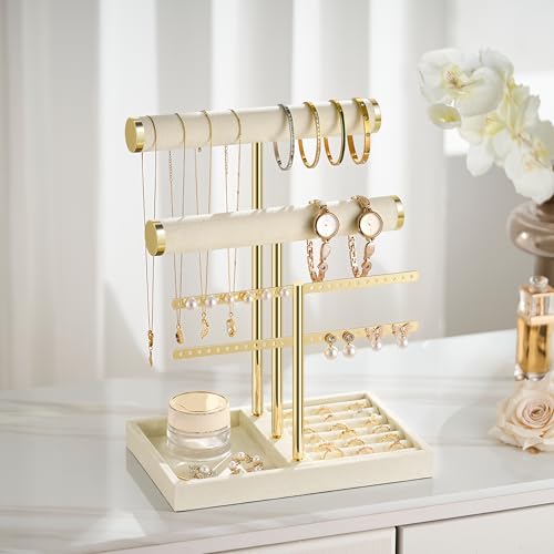 bussdis 3 Tier Bracelet Holder Display - Detachable T Bar Beige Velvet Bracelet Holder, Jewelry Holder Organizer for Bracelet, Necklace, Earrings, Rings - color: Beige, size: Large