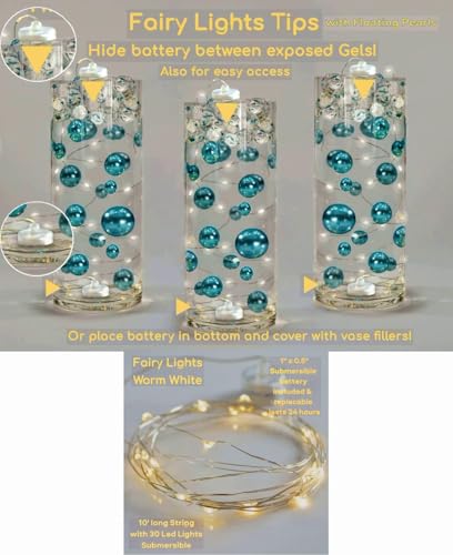 300 Floating Gold Pearls- Large Sizes- 12 Warm White Submersible LED Fairy Lights Strings with Hidable & Submersible Batteries- Fills 4 Gallons for Your Vases - color: Gold, size: 4pk+liteww