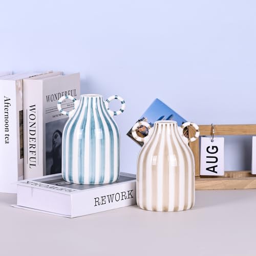 Ceramic Green and White Striped Vase, Hand-Painted Modern Minimalist Bohemian Decor, Central Dining Table, Kitchen Tabletop, Bookshelf, Bedroom Aesthetic Decoration (White Green) - color: White Green
