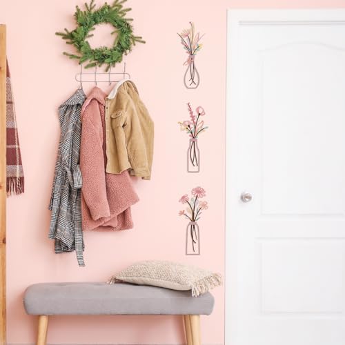 Pigort 3 Pieces Metal Flowers Wall Arts - Rustic Farmhouse Style Décor Metal Wall Art Black Minimalist Flower Natural Themed Wall Decors for Home Bedroom Dining Room Housewarming (Pinkish) - color: Pinkish