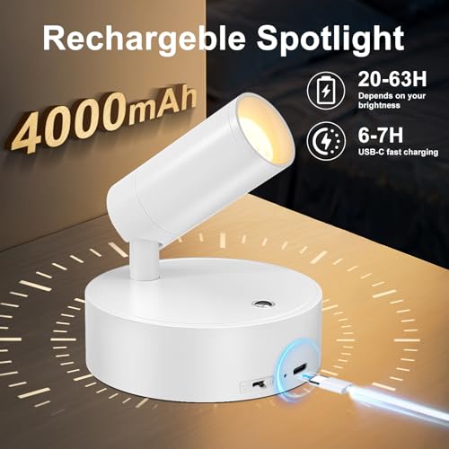 Kimjo Spot Lights Indoor, 4000mAh Rechargeable Plant Spotlight Indoor with Remote, Battery Operated Picture Lights with Timer Dimmable, Uplighting for Wall Art Display (2 Pack) - color: White-1