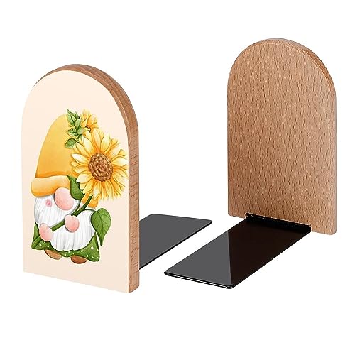 Gnome Sunflower Illustration Book Ends Decorative Wood Bookends for Shelves Kids Room Desk Home Office Book Stoppers for Magazines,Books, DVDs, 1 Pair/2 Pieces(5x3.1 in)