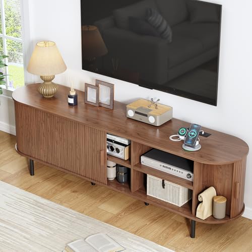 70.8" TV Stand with Power Outlet, Mid-Century Modern Television Stand, Fluted Media Console with Sliding Doors, Entertainment Center for TVs up to 60 Inch, Adjustable Shelves, Walnut - color: Walnut, size: 70.8 Inch