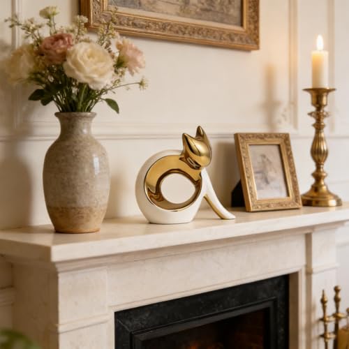 White & Gold Electroplated Ceramic Cat Figurine Sculpture, Modern Minimalist Cat Statue for Office Desk, Shelf Mantel, Cat Statues Home Decor, Small Cat Figurines Decor - size: 5.9in