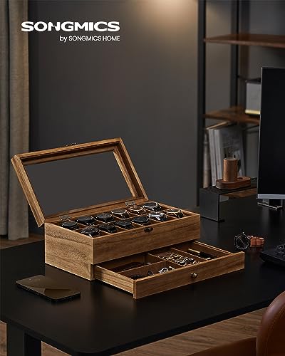 SONGMICS 12-Slot Watch Box, 2-Tier Watch Display Case with Large Glass Lid, Removable Watch Pillows, Velvet Lining, Jewelry Box, Gift Idea, Rustic Walnut UJOW012K01 - color: Rustic Walnut, size: 2 Layer 12 Slot