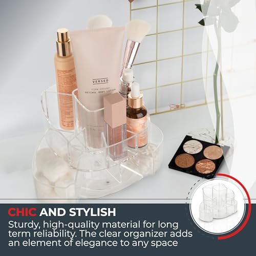Masirs 360-Degree Rotating Makeup Organizer – Small Acrylic Cosmetic Storage Caddy with 5 Compartments, Mini Lazy Susan Vanity Organizer for Bathroom Counter, Skincare, Perfume, Brushes, Clear - color: Square Clear