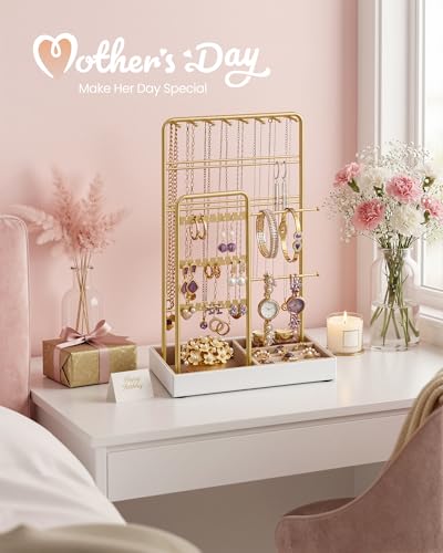 SONGMICS Necklace Holder, Jewelry Stand Holder Organizer, Jewelry Display with Metal Frame, Velvet Tray, Earring Bracelet Holder, for Gift Idea, 4.5 x 7.7 x 12.1 inch, Pale Gold UJJS021A01 - color: Pale Gold, size: 4.5"D x 7.7"W x 12.1"H