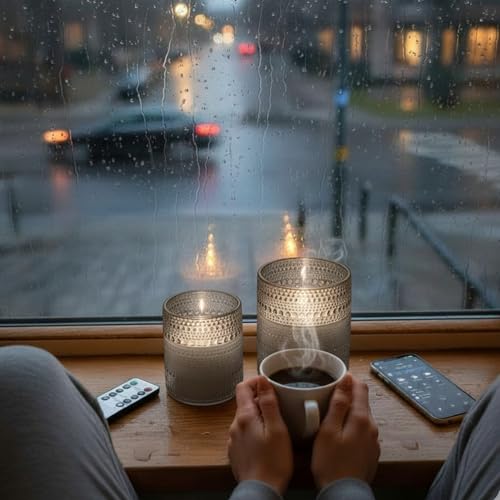 VENTA Stunning Grey Dotted Glass Flameless Candles 2-Pack with Realistic Flickering Glow | Includes Remote & Timer | Battery Operated LED Set for a Cozy & Chic Home Decor Accent - color: Shevron Glass Grey