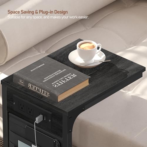 TUTOTAK C Shaped End Table with Charging Station, Side Table for Sofa, Couch Table with Storage Bag, TV Tray Table with 2 USB Ports and Outlets for Living Room, Bedroom, TB01BY024 - color: Grey, size: 1 Pack (11.8"W), style: With Plug