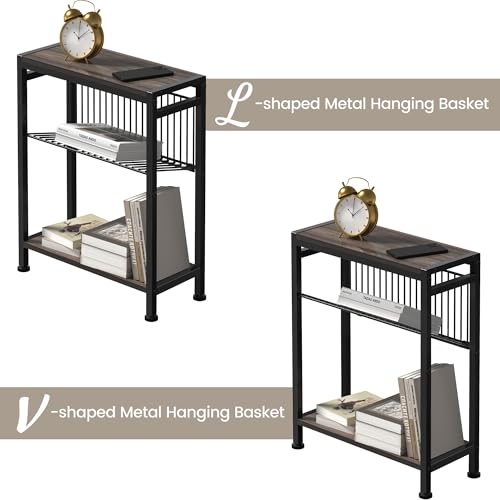 Small Side Table Set of 2 for Small Space, 3-Tier Narrow End Tablewith Magazine Holder,SmallNightstand, Skinny Snack Couch Table in Living Room, Bedroom Study and Balcony(Ash Brown) - color: Ash Brown-2pcs