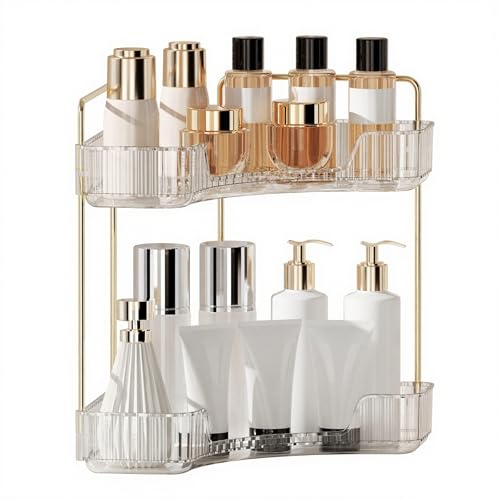 YCIA&DONE Corner Bathroom Counter Organizer, Makeup Organizer for Vanity, Skincare Cosmetic Perfume Tray, Corner Countertop Shelf Rack Storage for Bathroom Kitchen 2 Tiers (Clear White) - color: White, size: 2-Tier
