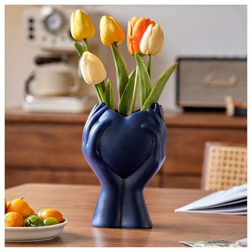 8" Heart Hand Navy Blue Ceramic Vase - Unique Modern Aesthetic Flowers Vase for Living Room Bedroom Office Kitchen Table Centerpiece or Shelf Decor-Gifts for Wedding Bridal Shower Women Mom (Blue) - color: Blue